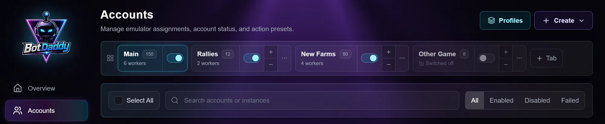 The tab strip on the Accounts screen, showing Main, Rallies, New Farms and a switched-off tab with their worker counts