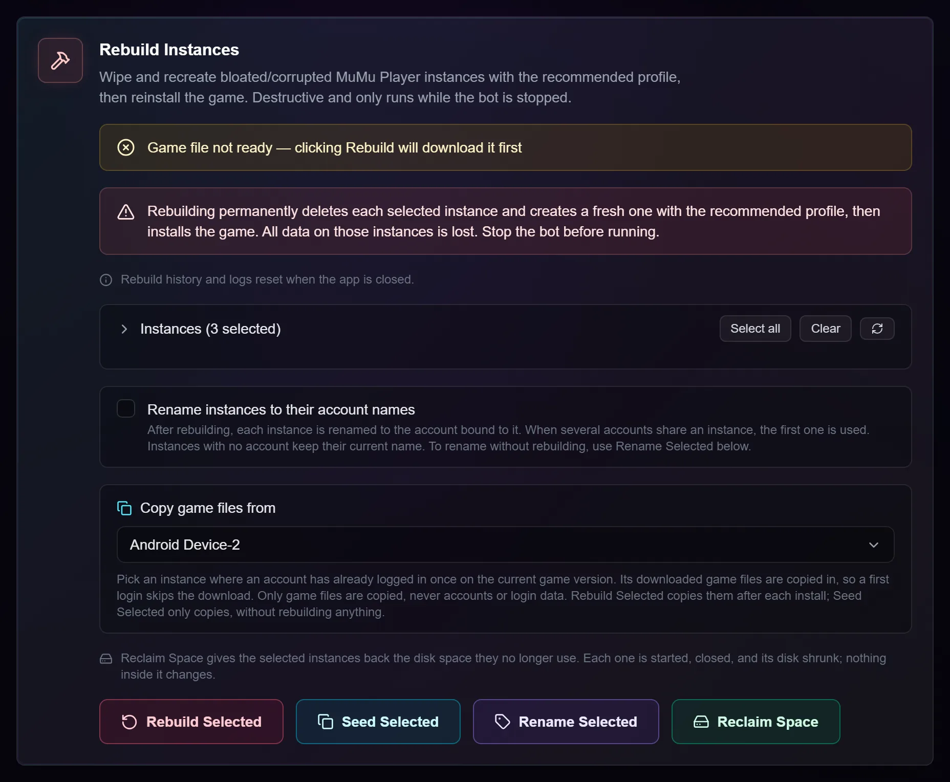Instance rebuild tool