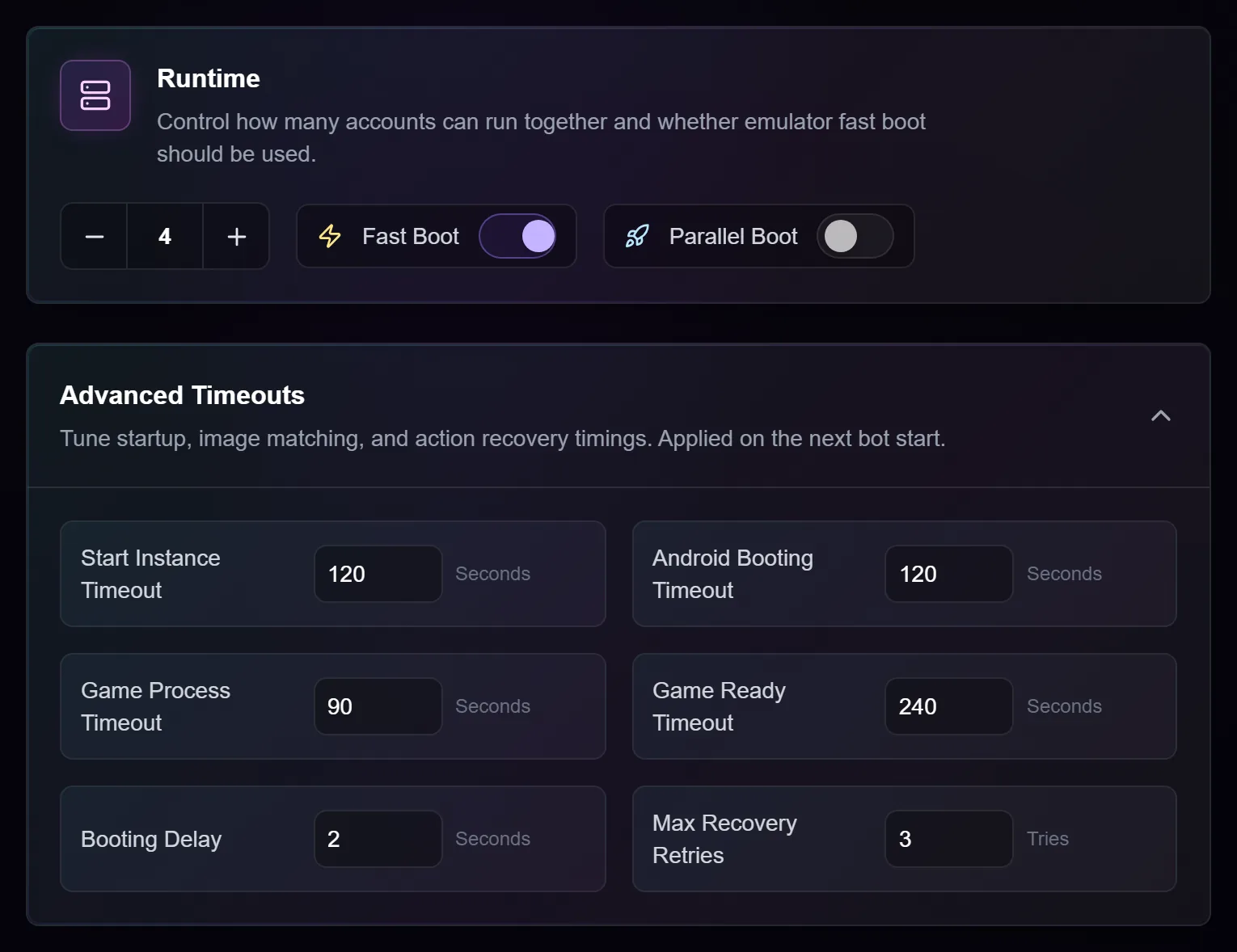 Runtime and Advanced Timeouts in BotDaddy's Settings